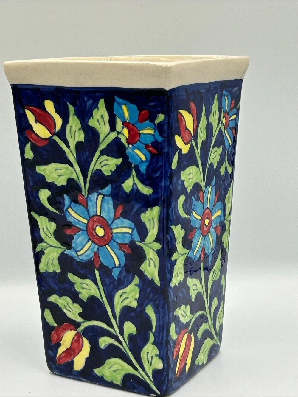 Hand-Painted Blue Floral Ceramic Vase - Decorative Home Accent